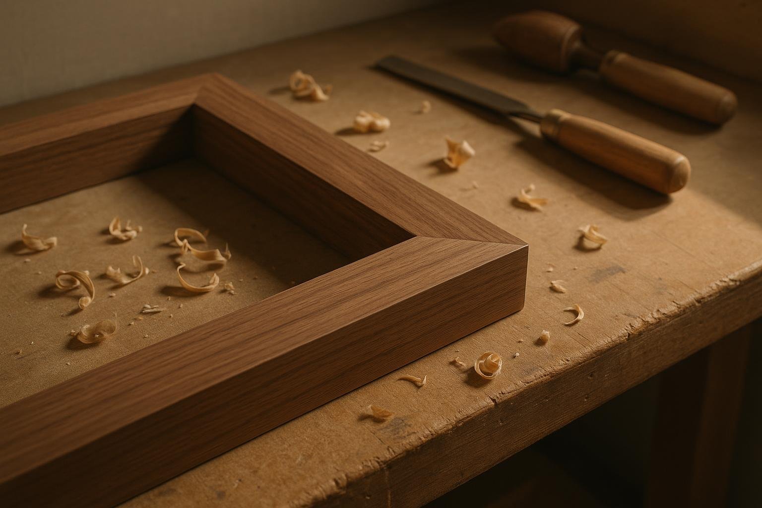 Close-up of a mitred walnut joint being checked at a workshop bench