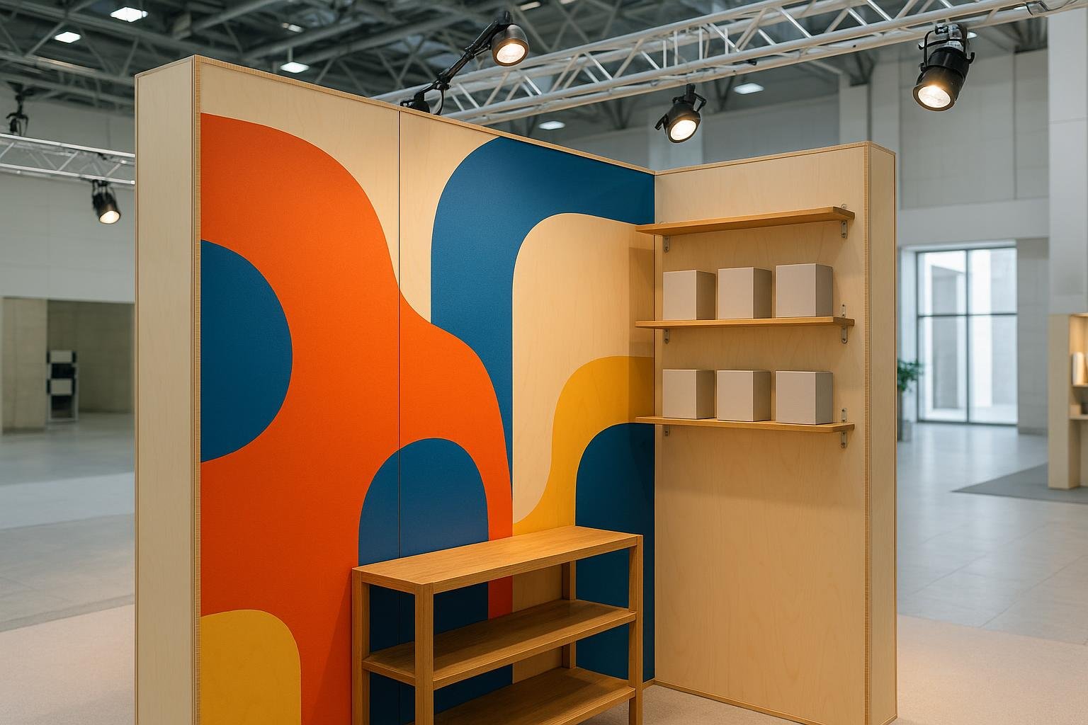 A convention booth built from timber panels printed with large graphics, with display shelving and a counter