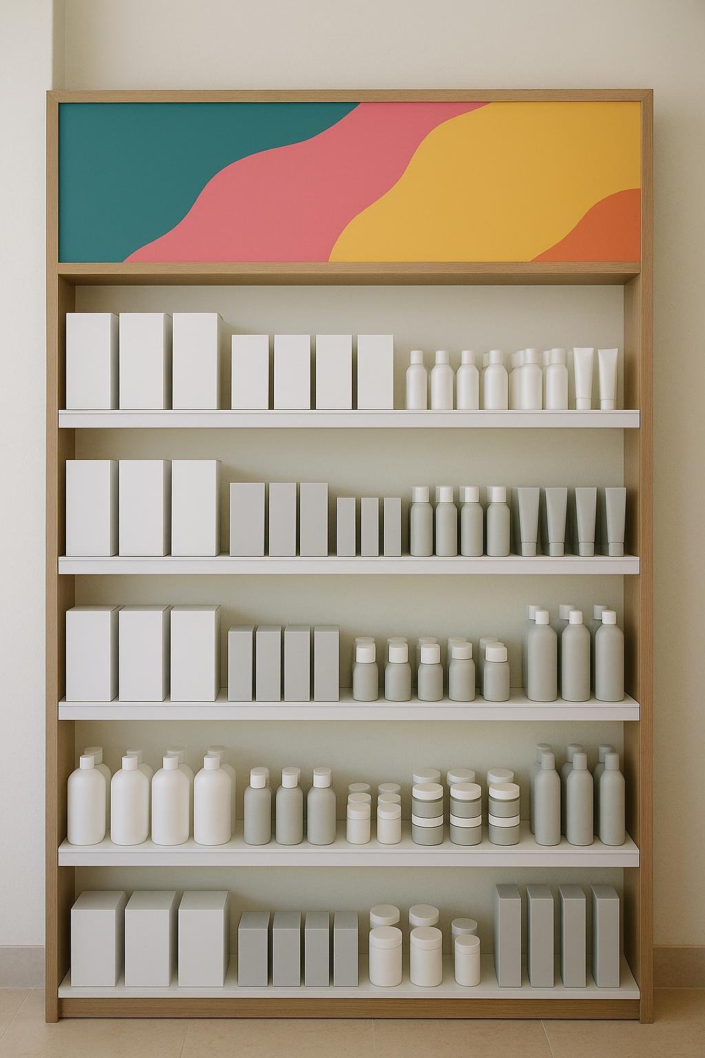 A retail shelf bay laid out to a planogram, with a printed timber header panel