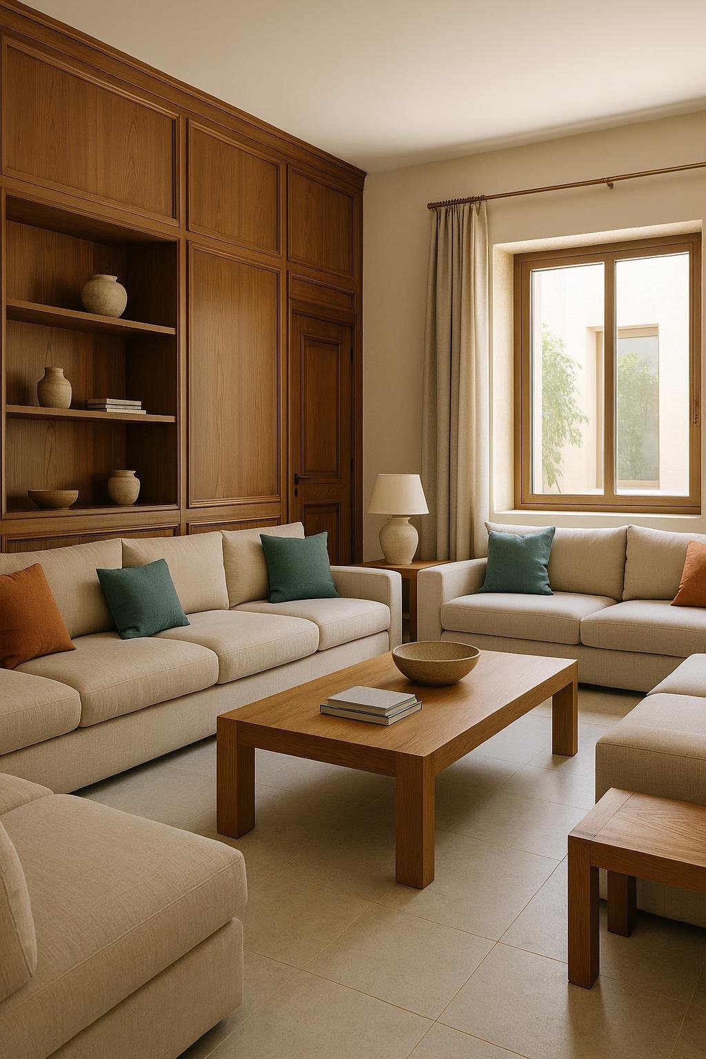 Living room with built-in walnut cabinetry and panelled doors