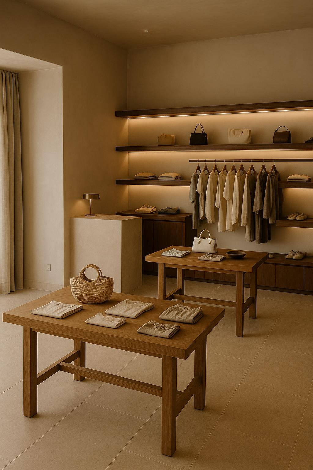 Boutique interior with timber display fixtures and a cash counter