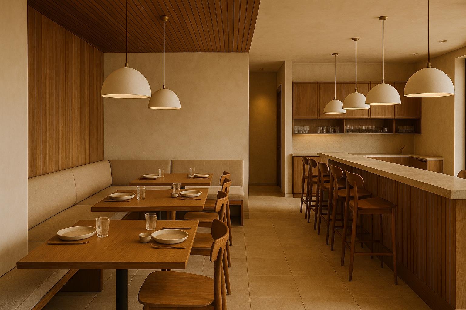 A completed restaurant interior with joinery, seating and lighting