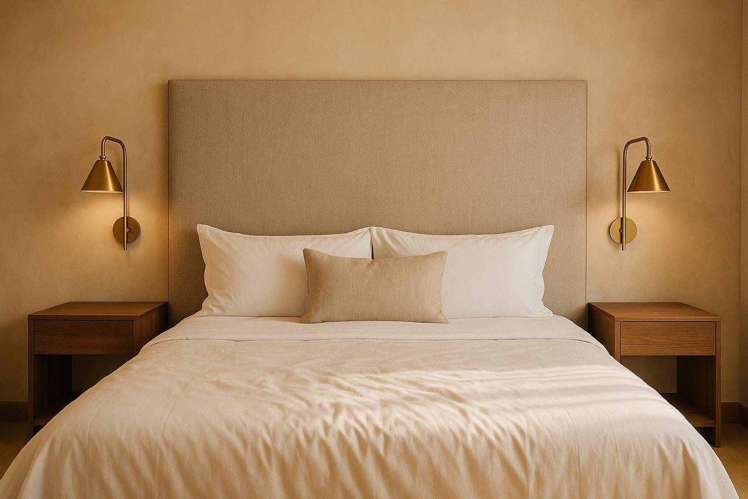 An upholstered headboard and timber bedside tables in a hotel room