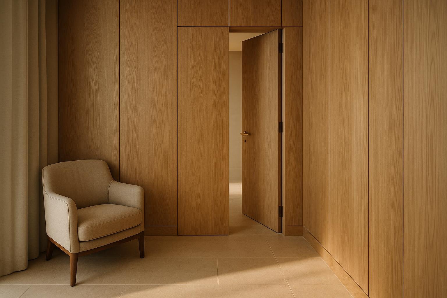 Floor-to-ceiling oak wall panelling with a concealed door