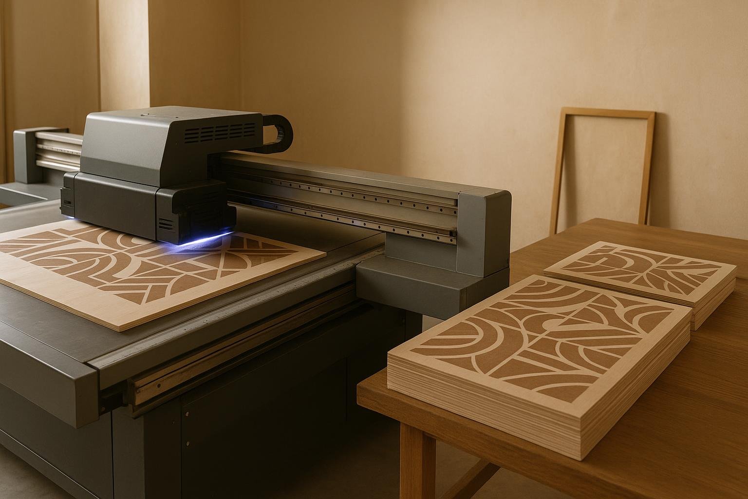 A flatbed printer printing a pattern directly onto a timber panel in the workshop